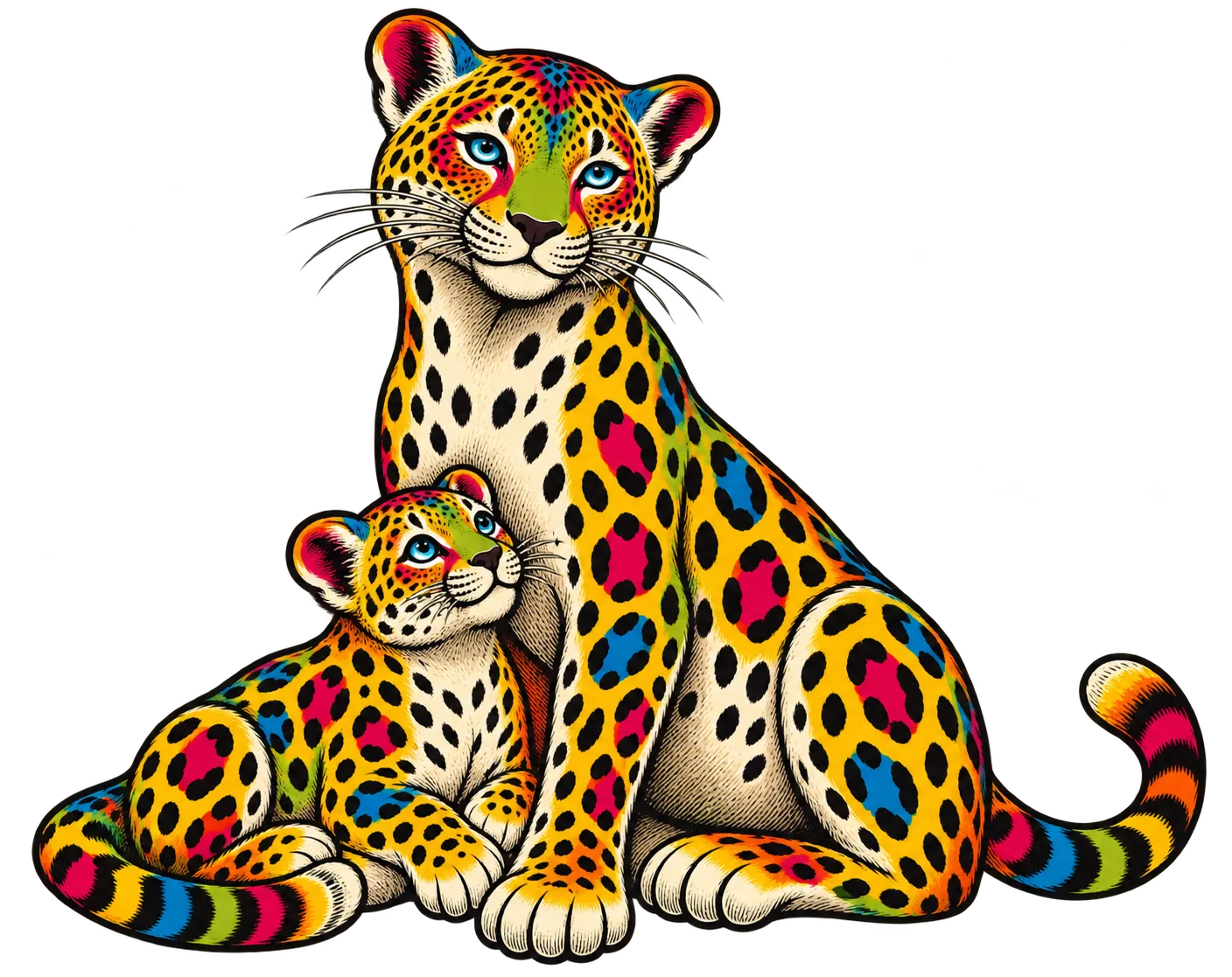 An illustrated leopard sitting tall with its cub tucked beside it